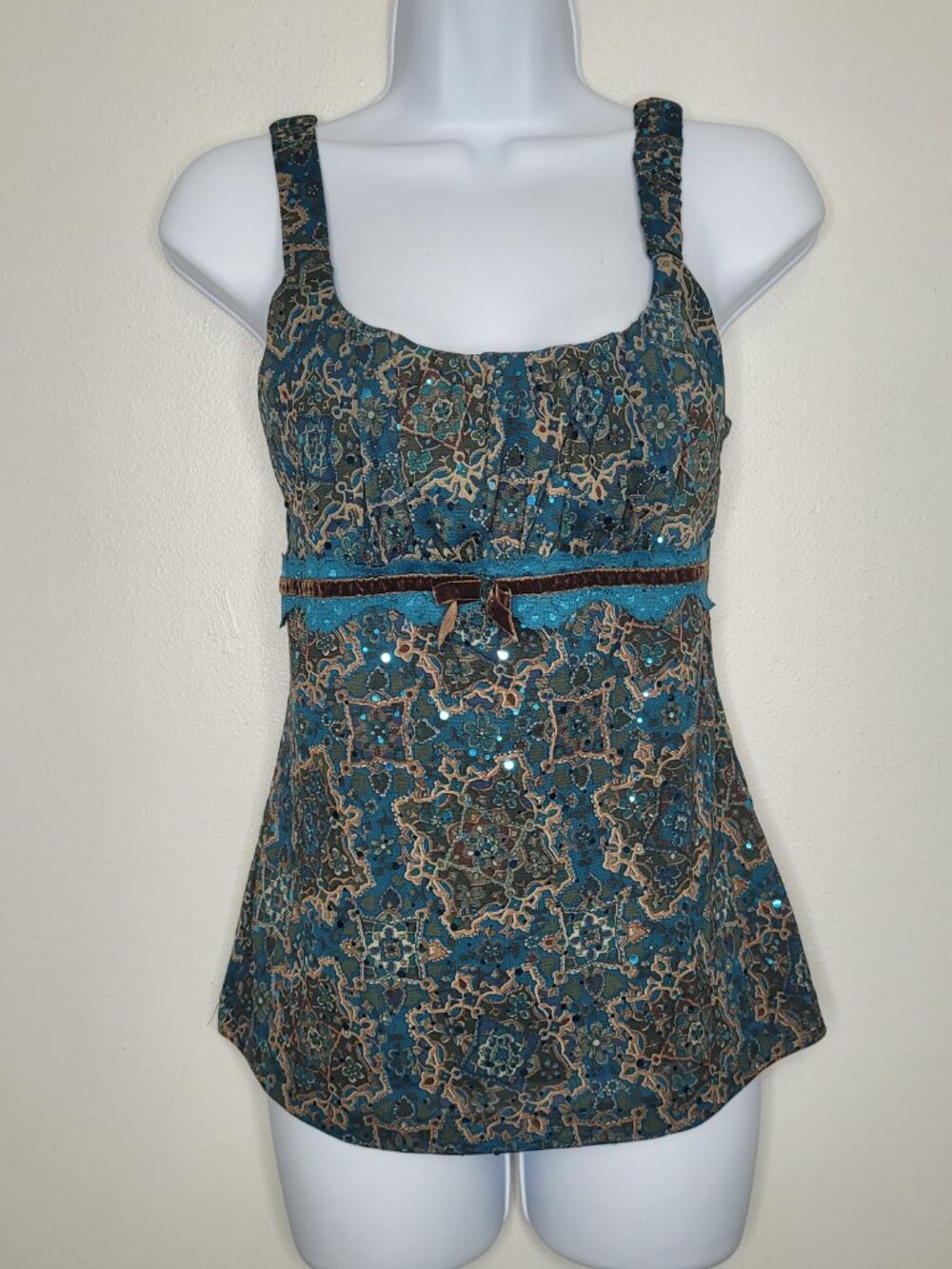 Y2k 90s self esteem teal brown lace sequins dark boho going out top size medium